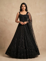 Black Net Lehenga Set With Dupatta And Stitched Blouse