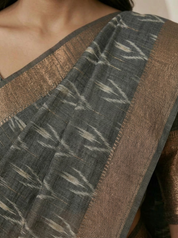 Charcoal Grey Tussar Silk Saree with Floral Print & Zari Border