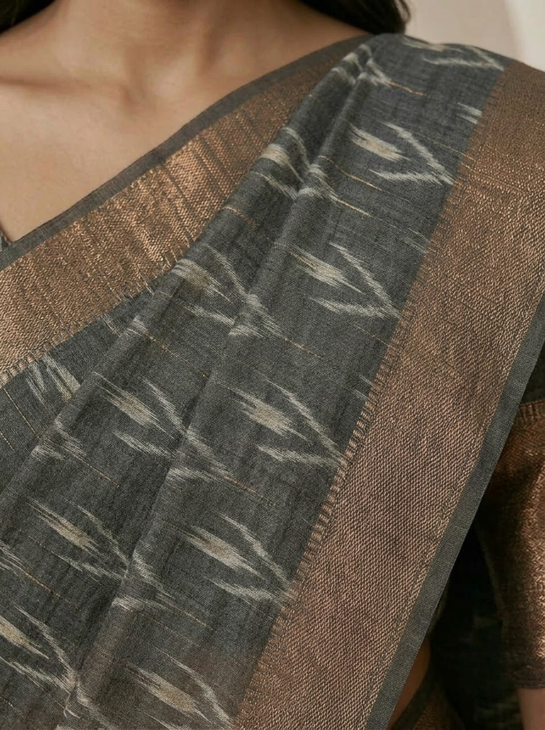 Charcoal Grey Tussar Silk Saree with Floral Print & Zari Border