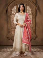 Ivory Anarkali Suit with Pink Banarasi Dupatta