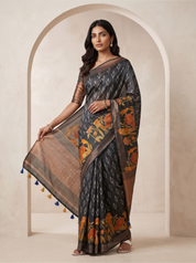 Charcoal Grey Tussar Silk Saree with Floral Print & Zari Border