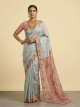 Grey Floral Embroidery Tussar Silk Saree with Contrast Pink Pallu