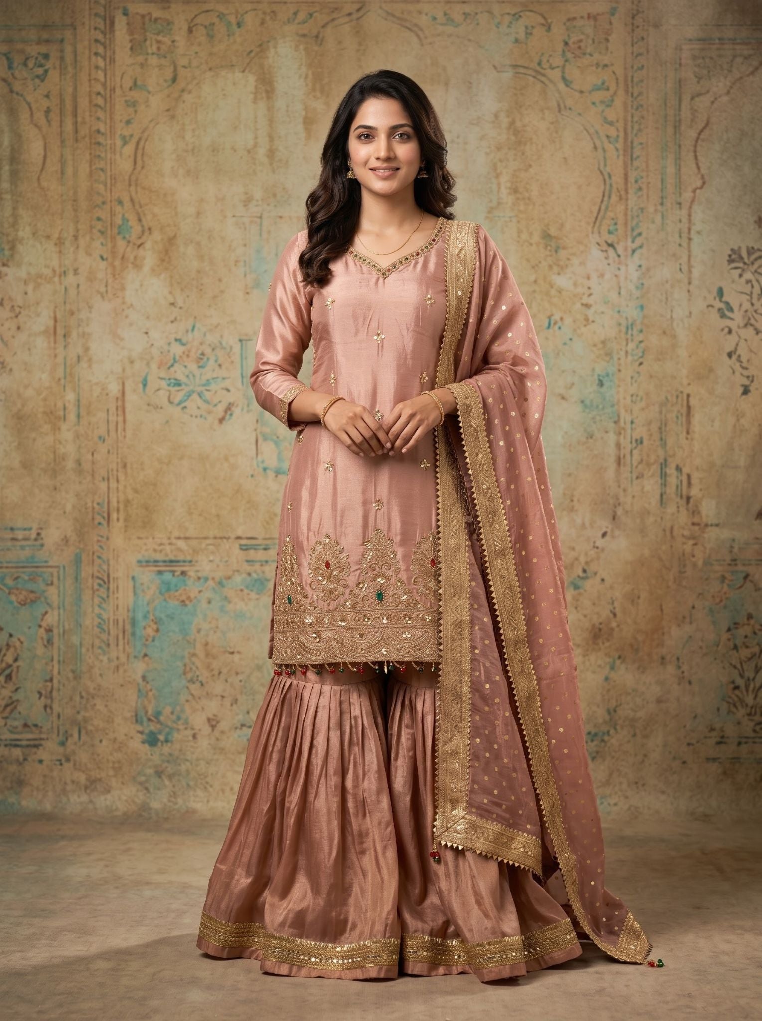 Silk Salwar Suit in Peach with Dupatta for Festive Wear