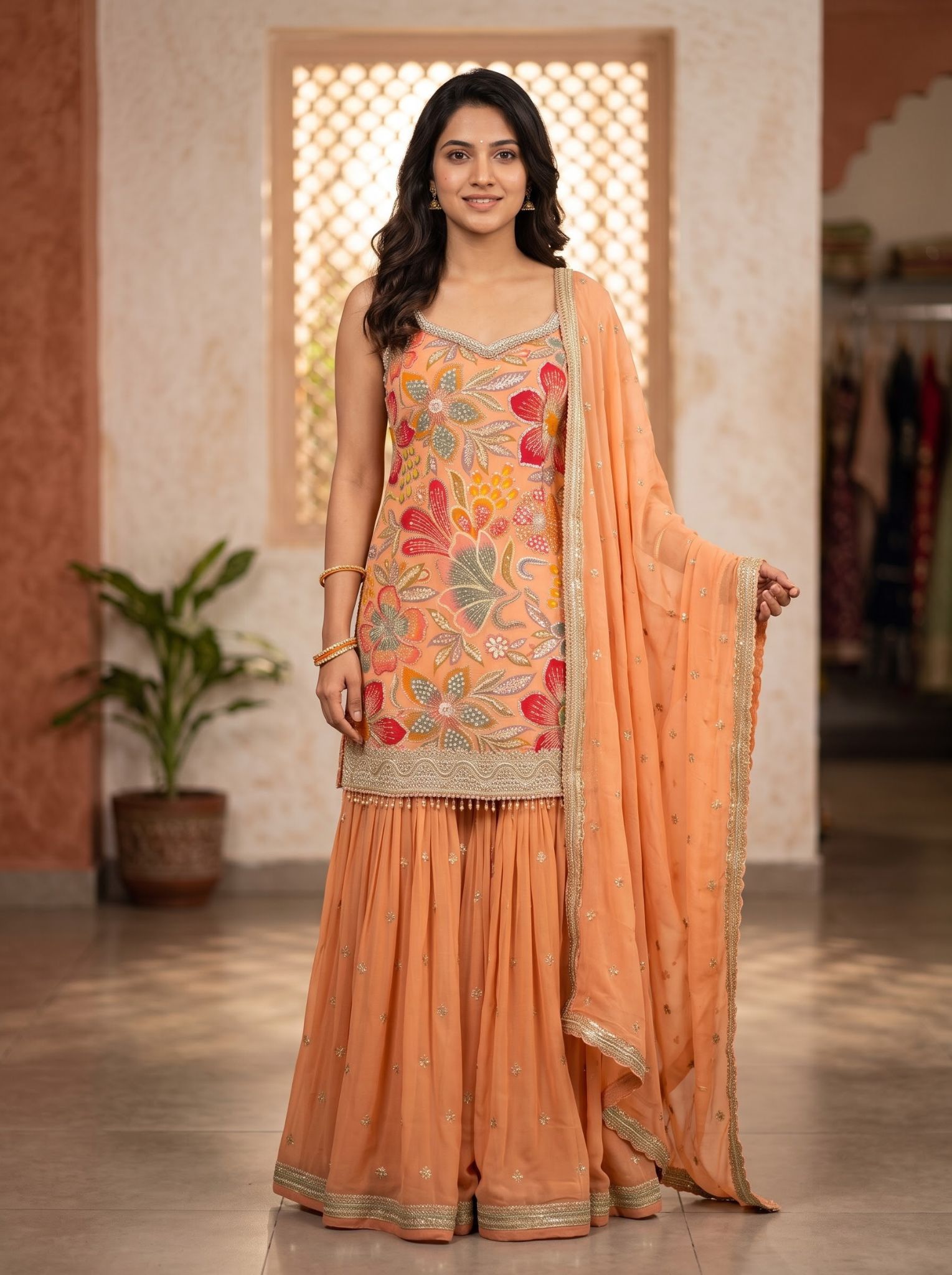 Georgette Salwar Suit in Peach for Weddings