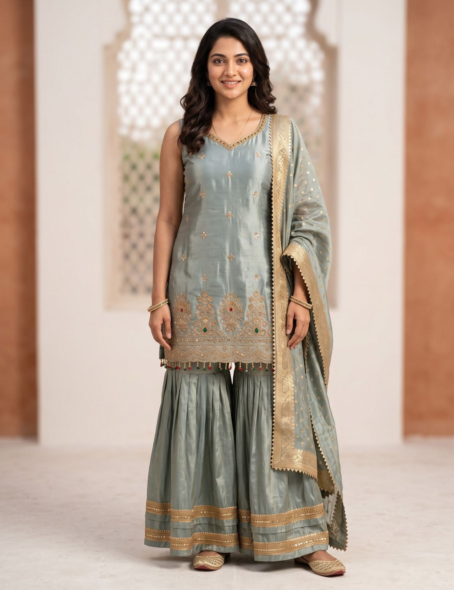 Sea Green silk salwar suit with kurta, bottom and dupatta for festive occasions