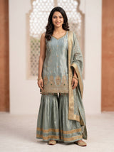 Silk Salwar Suit Set in Sea Green for Festive Wear