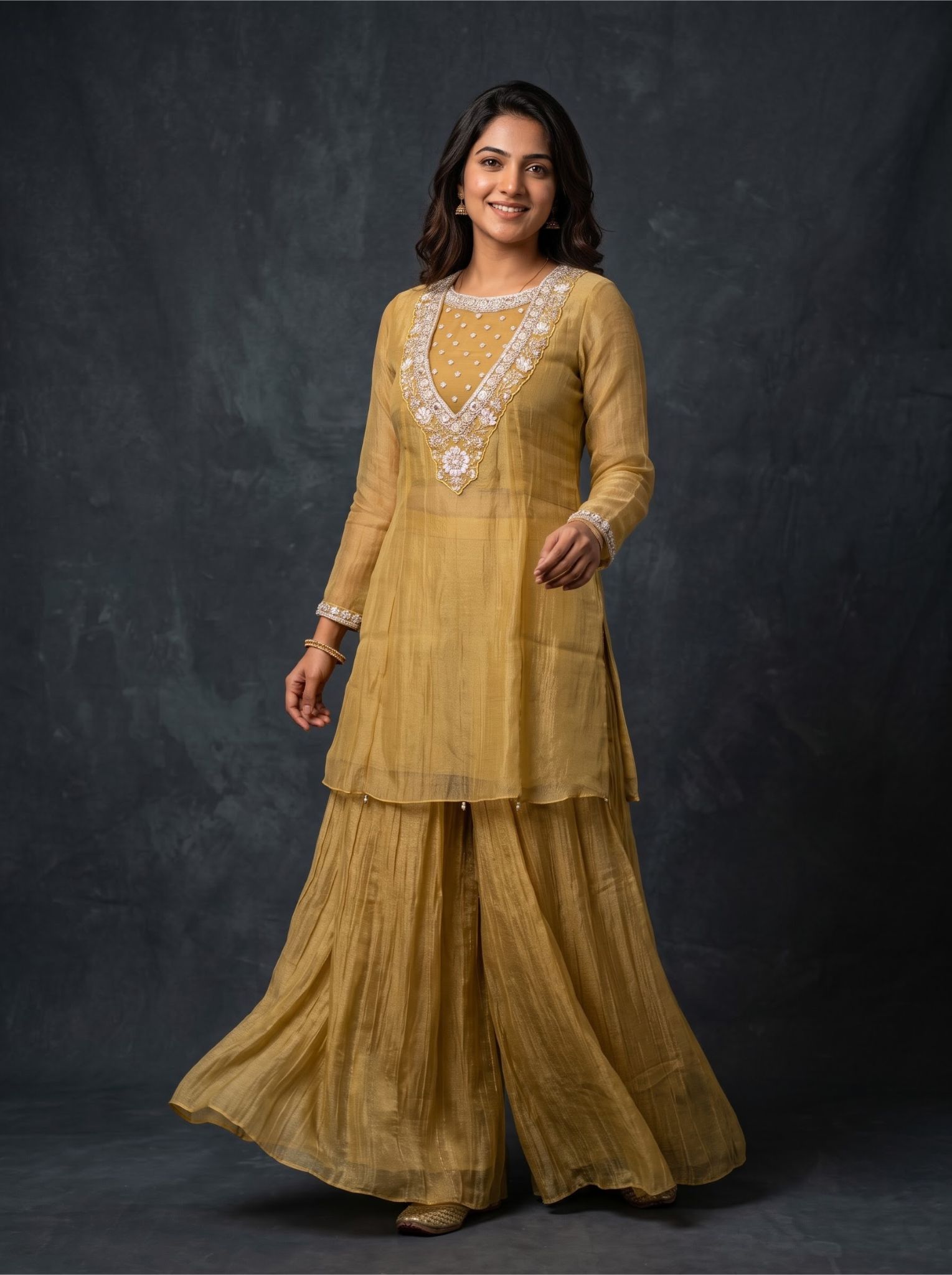 Mustard Gold Georgette Straight Cut Salwar Suit with Hand Embroidered Neckline & Flared Sharara Pants