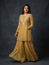 Mustard Gold Georgette Straight Cut Salwar Suit with Hand Embroidered Neckline & Flared Sharara Pants