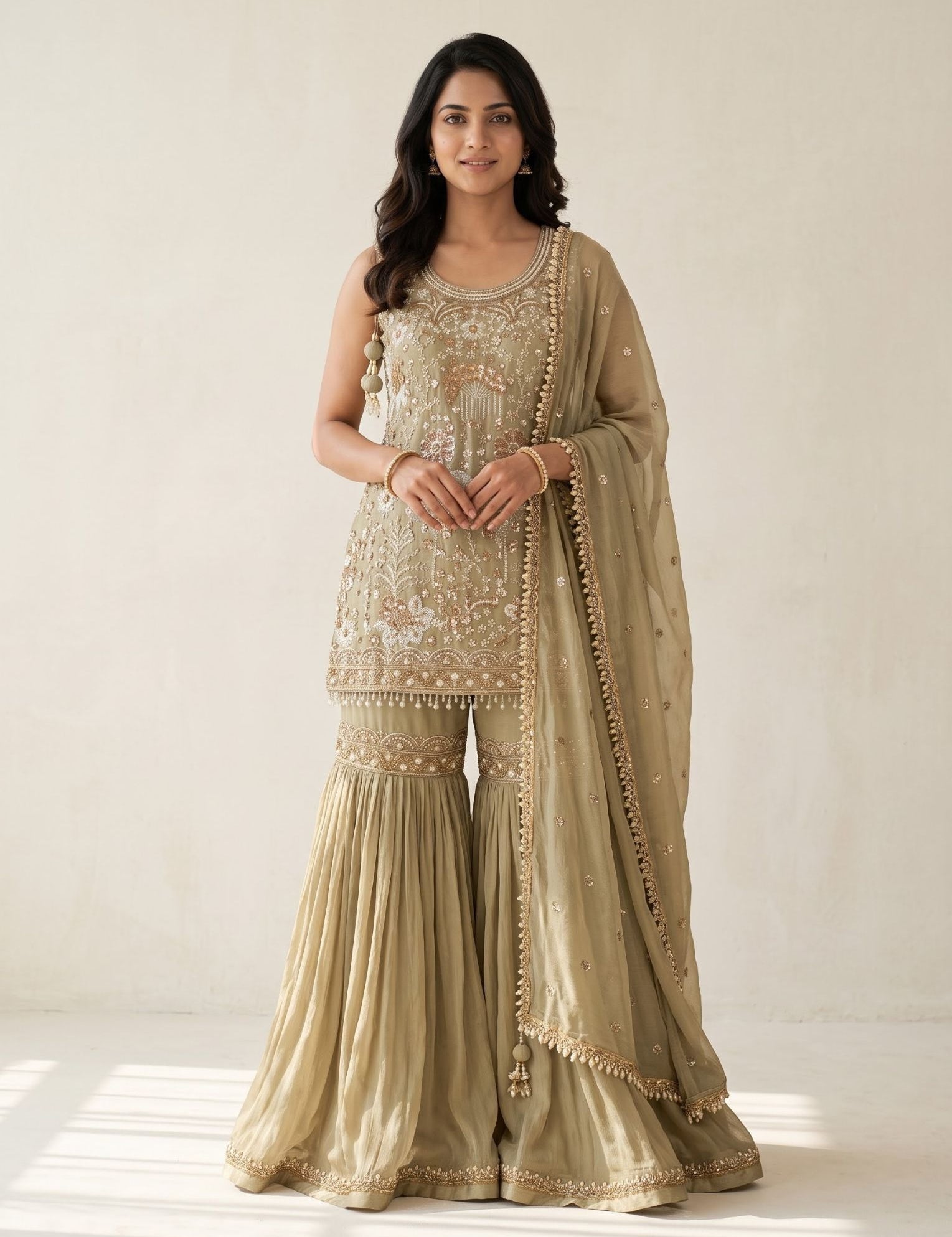 Olive green georgette sharara suit set with kurta, flared sharara bottom and dupatta for festive wear