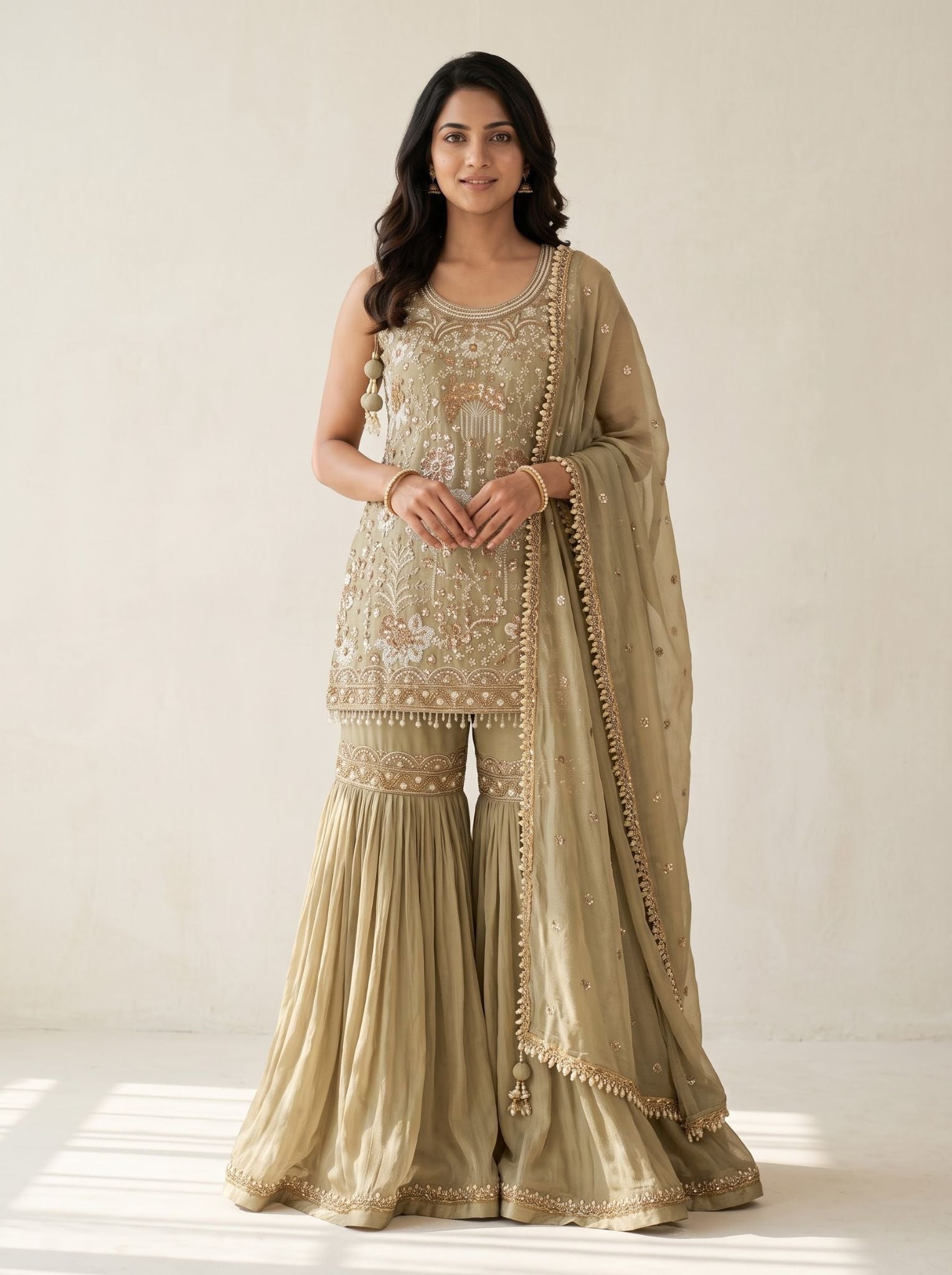 Olive green georgette sharara suit set with kurta, flared sharara bottom and dupatta for festive wear