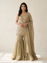 Georgette Sharara Suit Set in Olive Green for Festive Wear