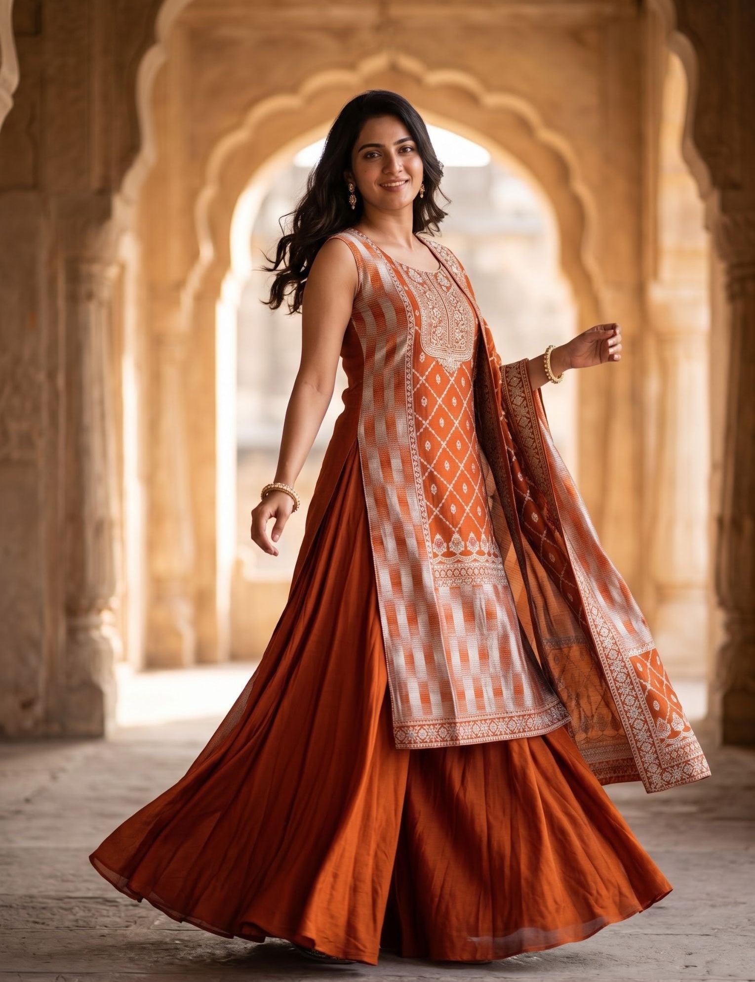 A woman modeling a traditional Indian salwar kameez outfit in a warm terracotta rust color with an orange and white patterned tunic and dupatta, standing in front of a stone archway.