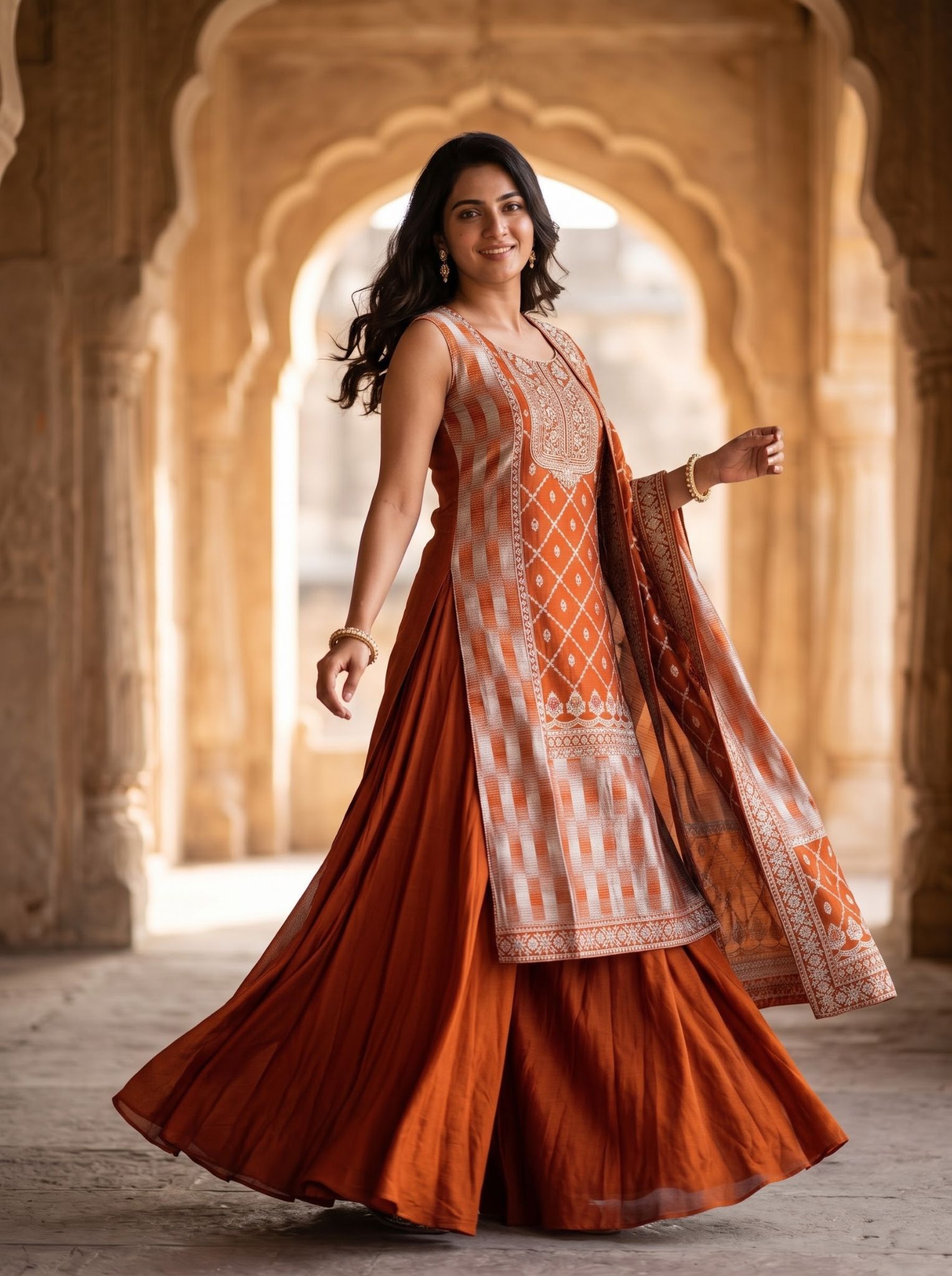 A woman modeling a traditional Indian salwar kameez outfit in a warm terracotta rust color with an orange and white patterned tunic and dupatta, standing in front of a stone archway.