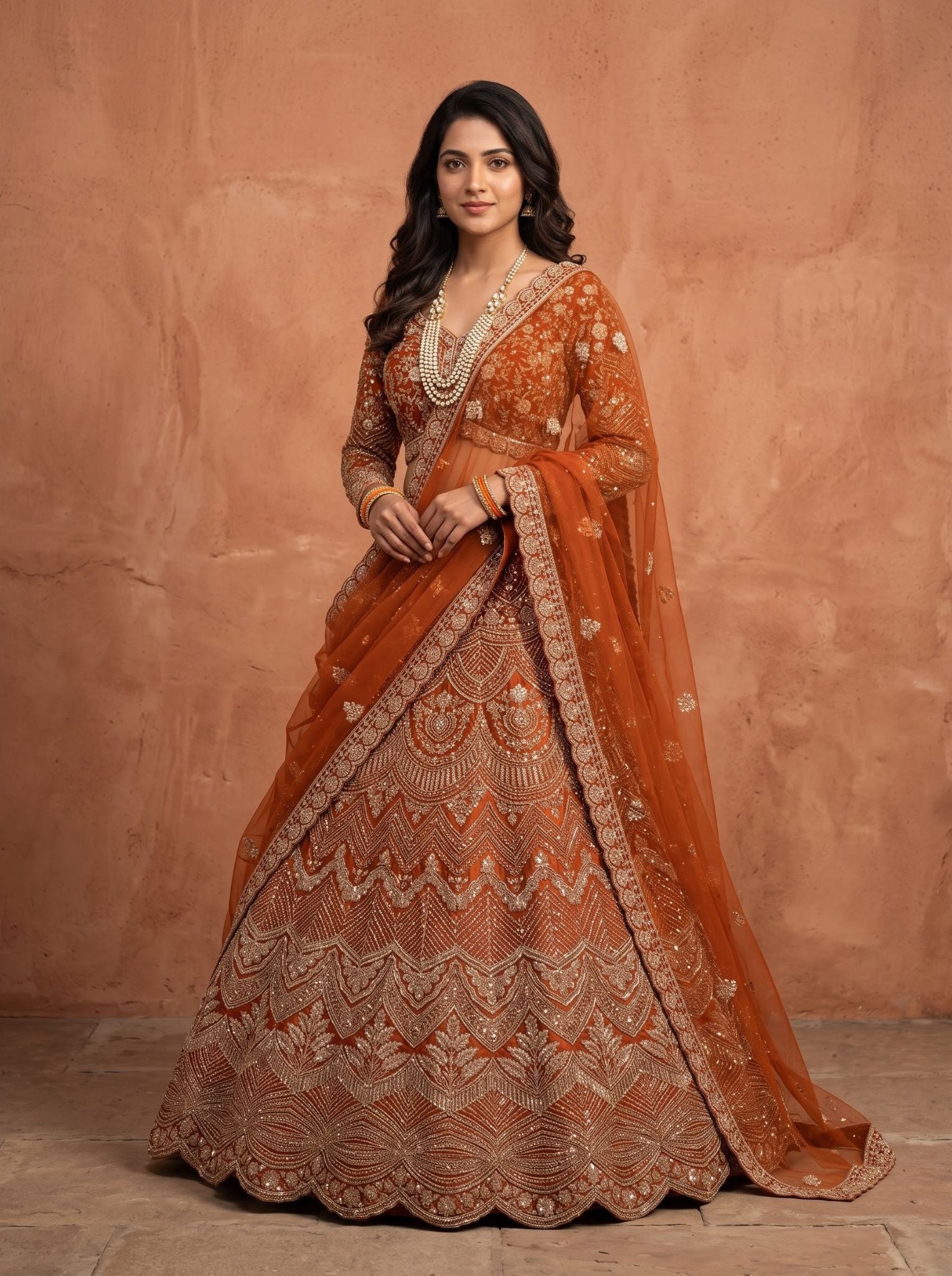 Net Lehenga Set in Orange