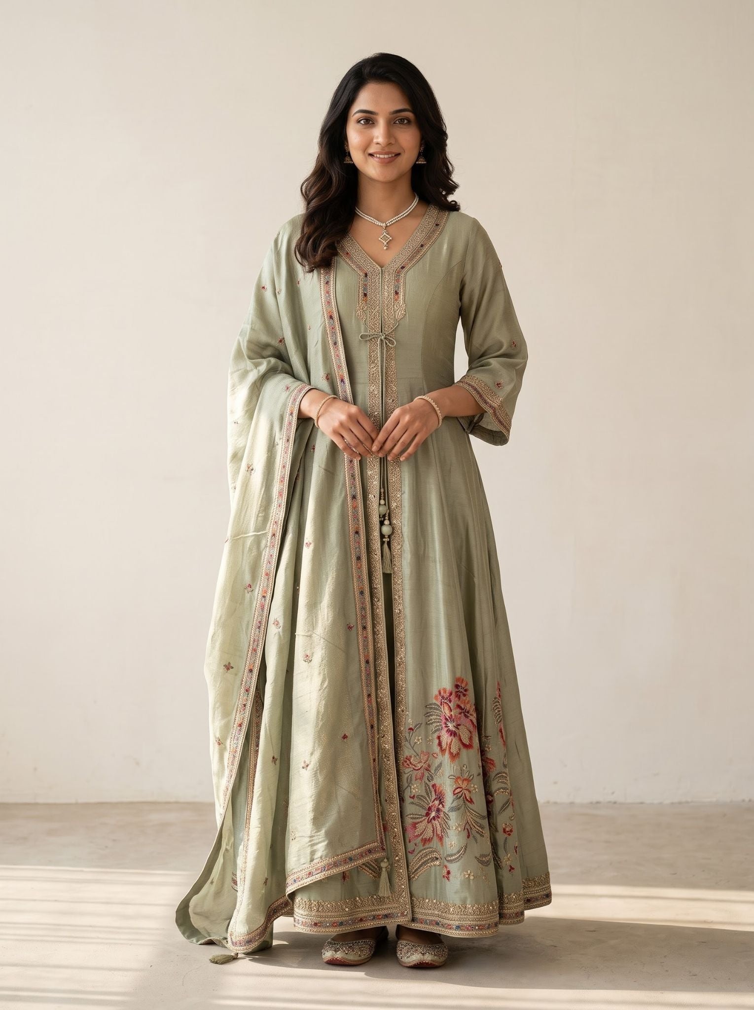 Raw Silk Anarkali Set Green Festive Kurta Dupatta