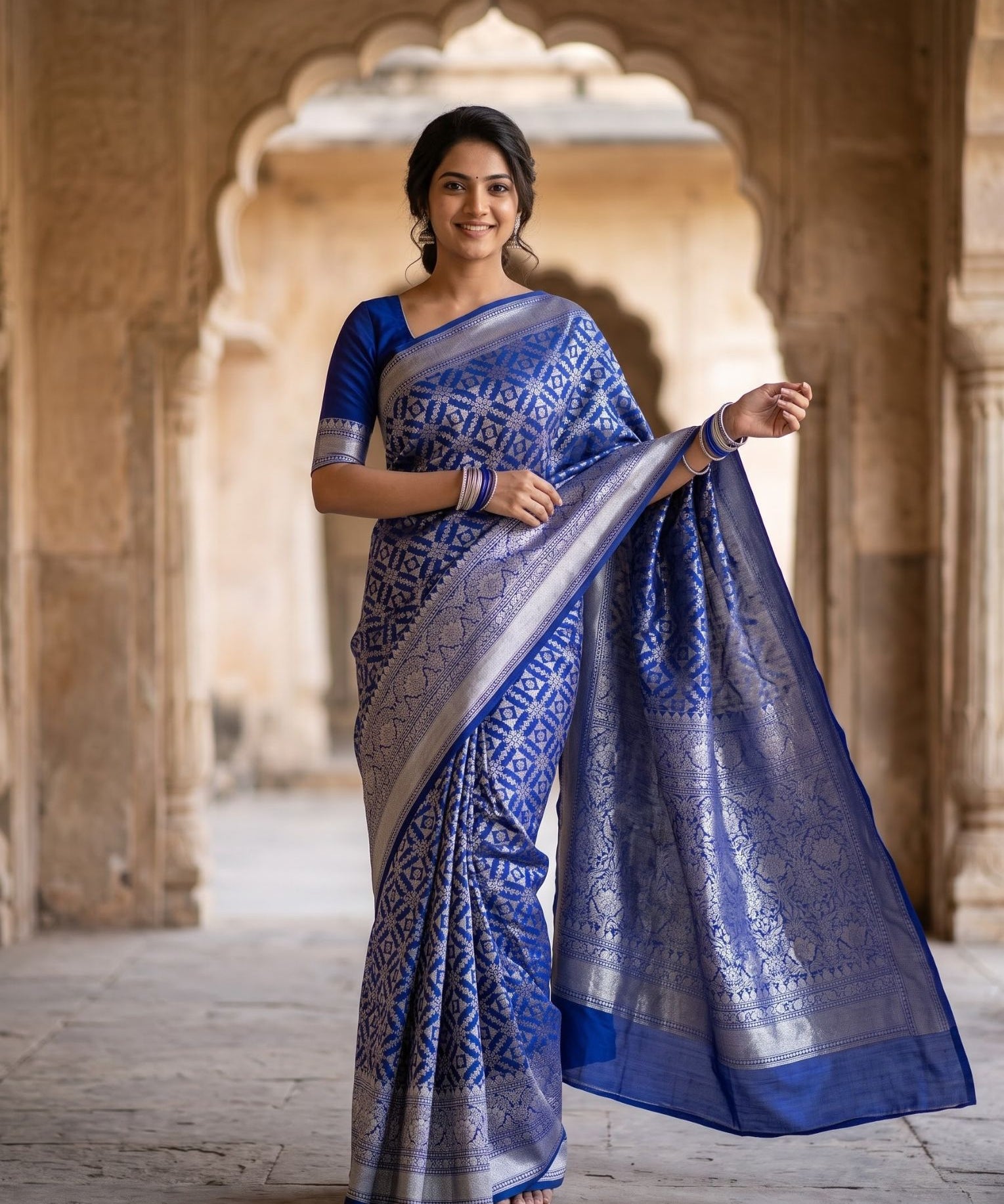 A woman wearing a royal blue and silver patterned silk saree stands in a stone corridor with arches, holding out the saree's border to display its intricate zari work.