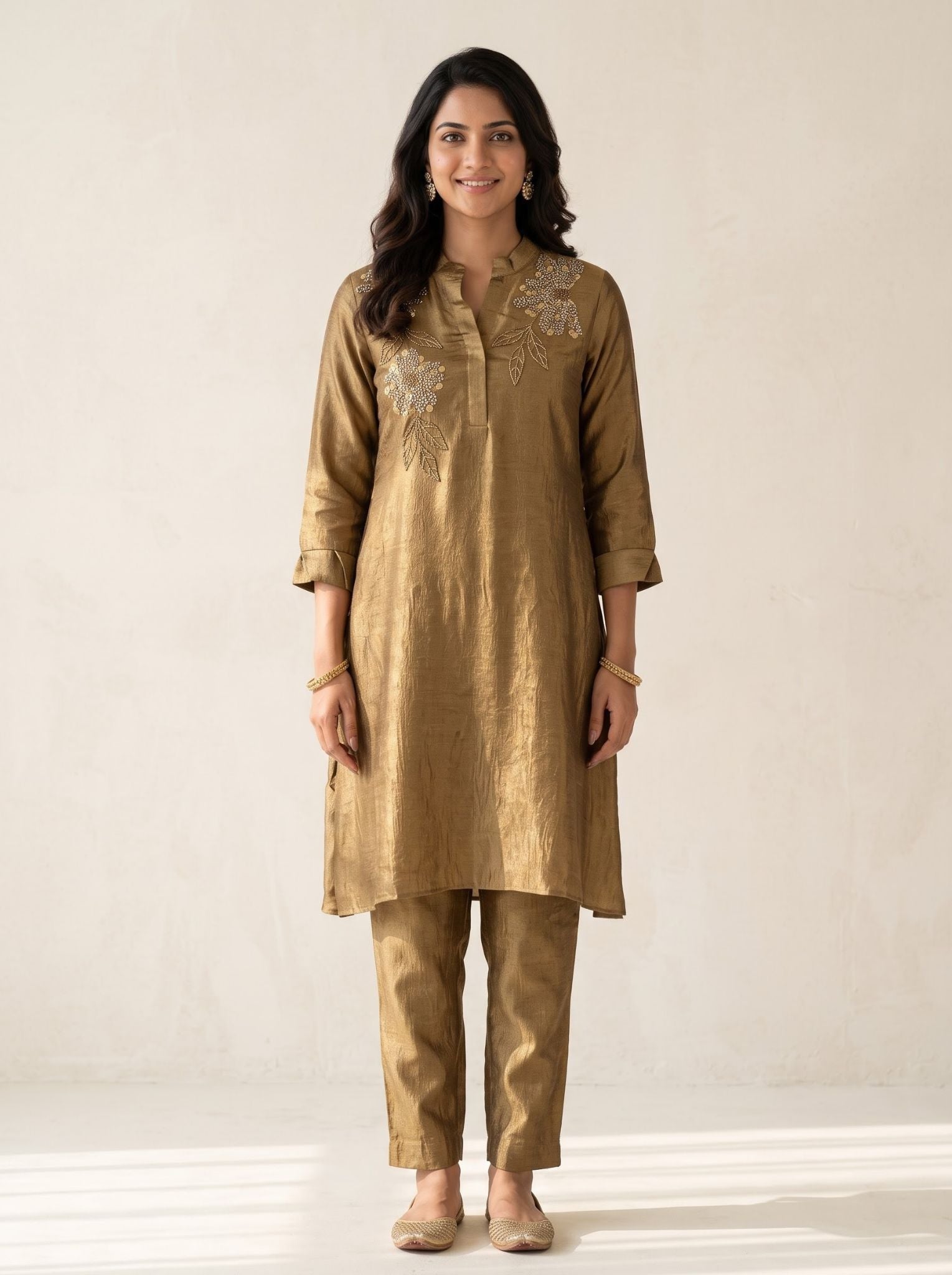 Silk Salwar Suit in Golden Yellow for Cocktail