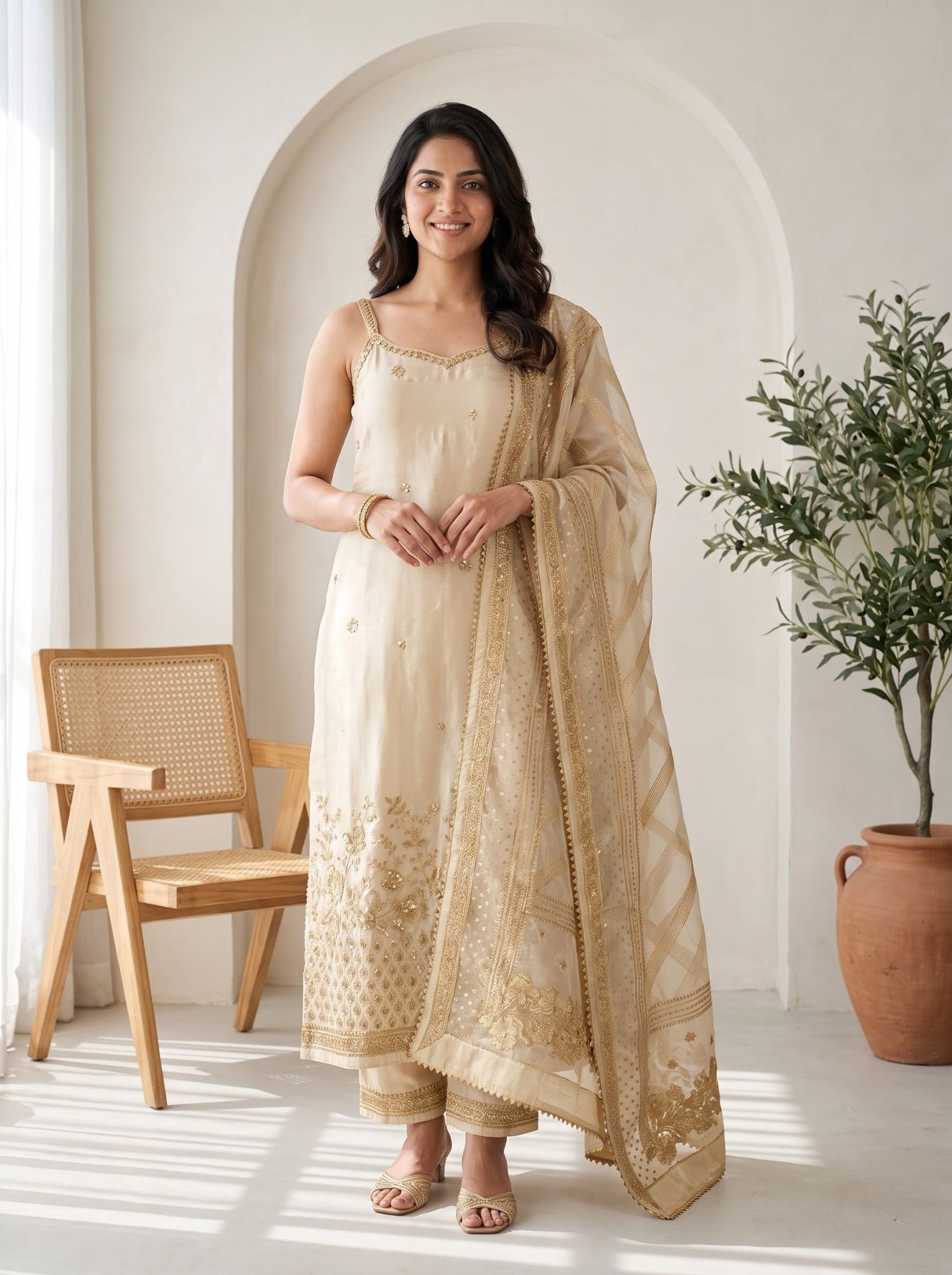 Silk Salwar Suit in White with Dupatta for Festive Wear