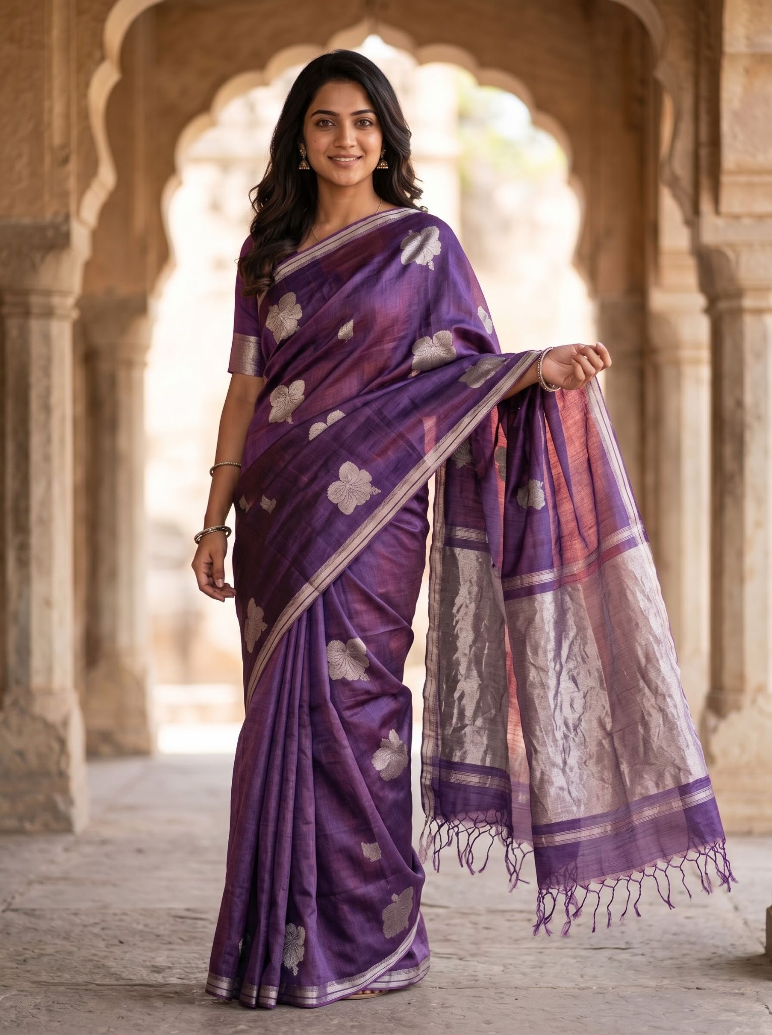 Tussar Silk Saree in Purple for Festive Occasions