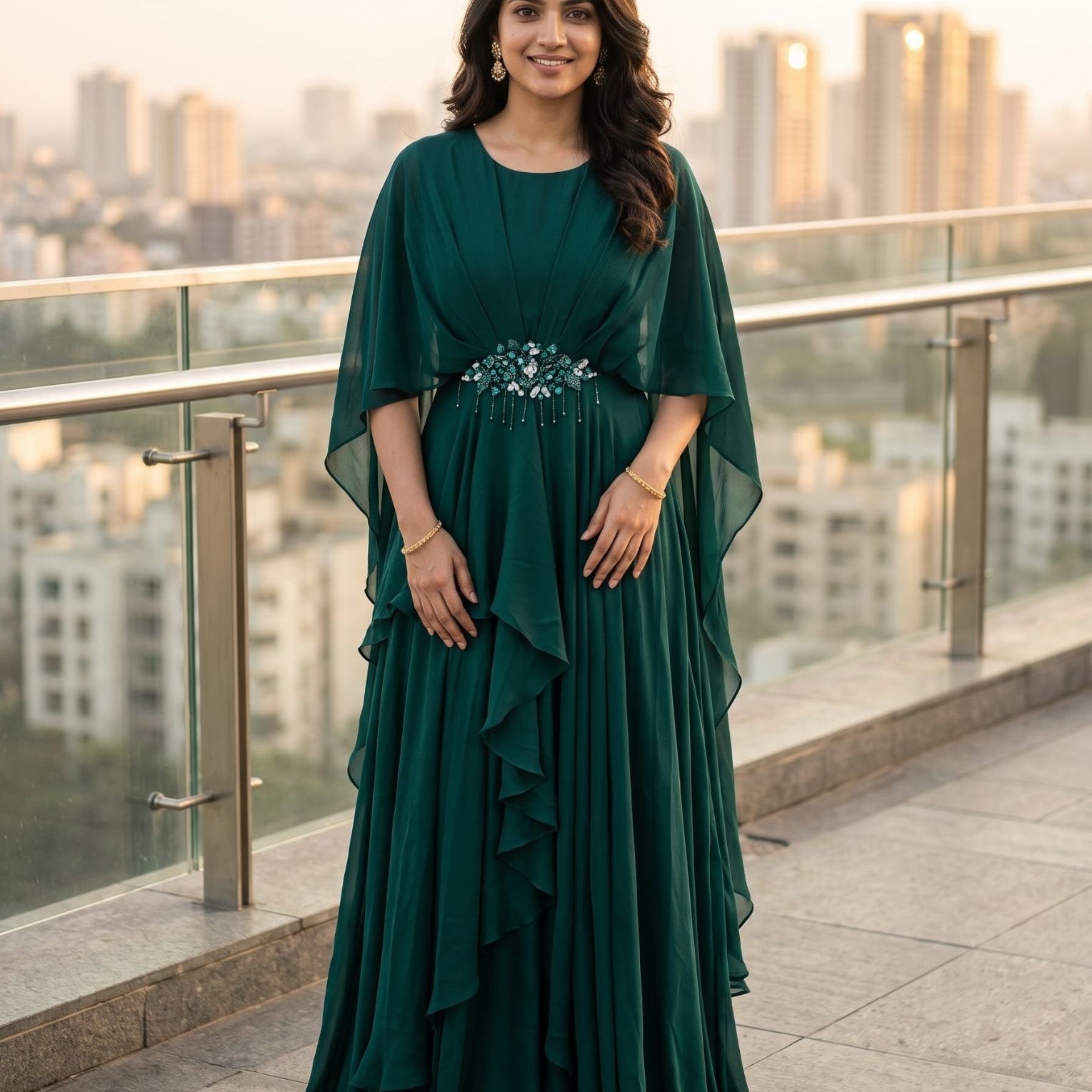A woman wearing a floor-length dark green evening gown with draped cape sleeves and a beaded waist detail, standing on a rooftop terrace with a city skyline in the background.
