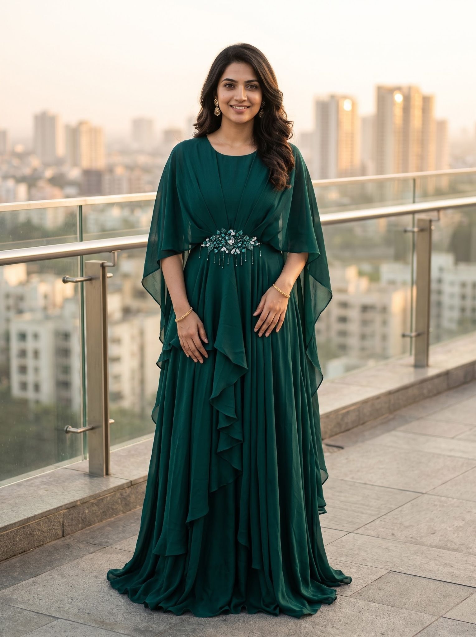 Georgette Festive Gown in Rama Green with Kurta and Bottom Set