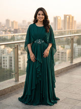 Georgette Festive Gown in Rama Green with Kurta and Bottom Set