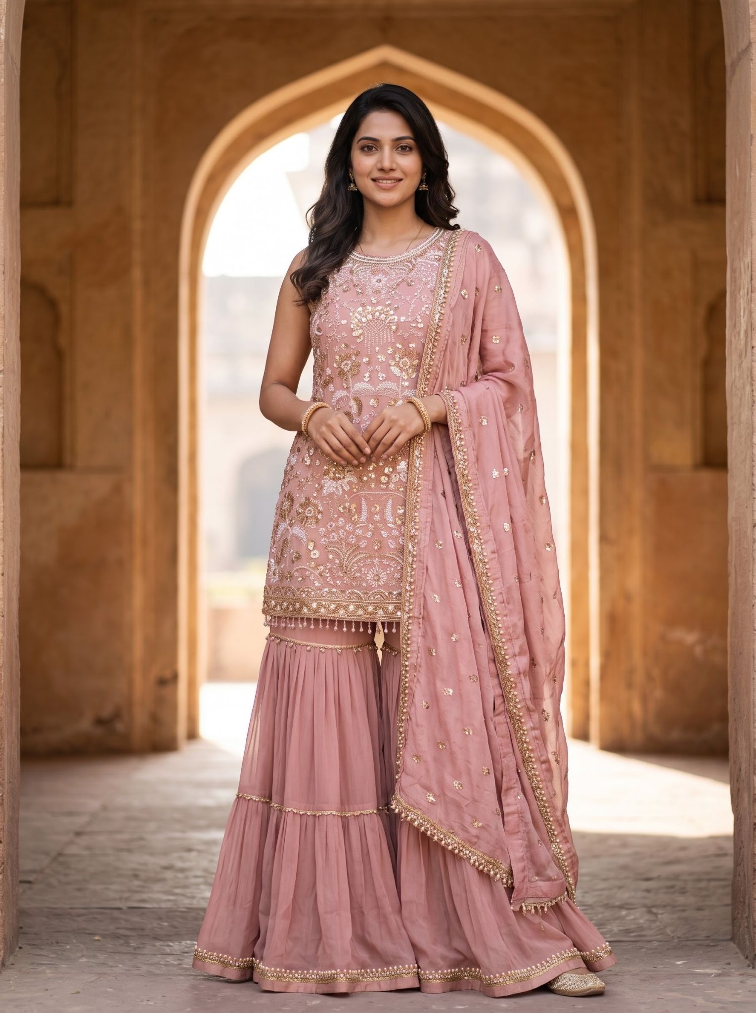 Georgette Sharara Suit Set in Blush Pink for Festive Wear