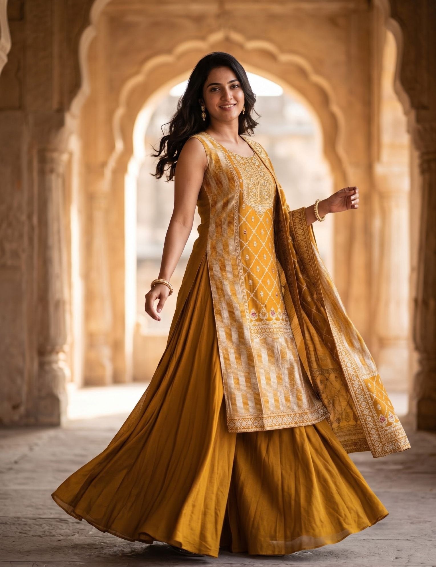 Yellow raw silk salwar suit set with kurta, bottom and dupatta, styled for festive wear