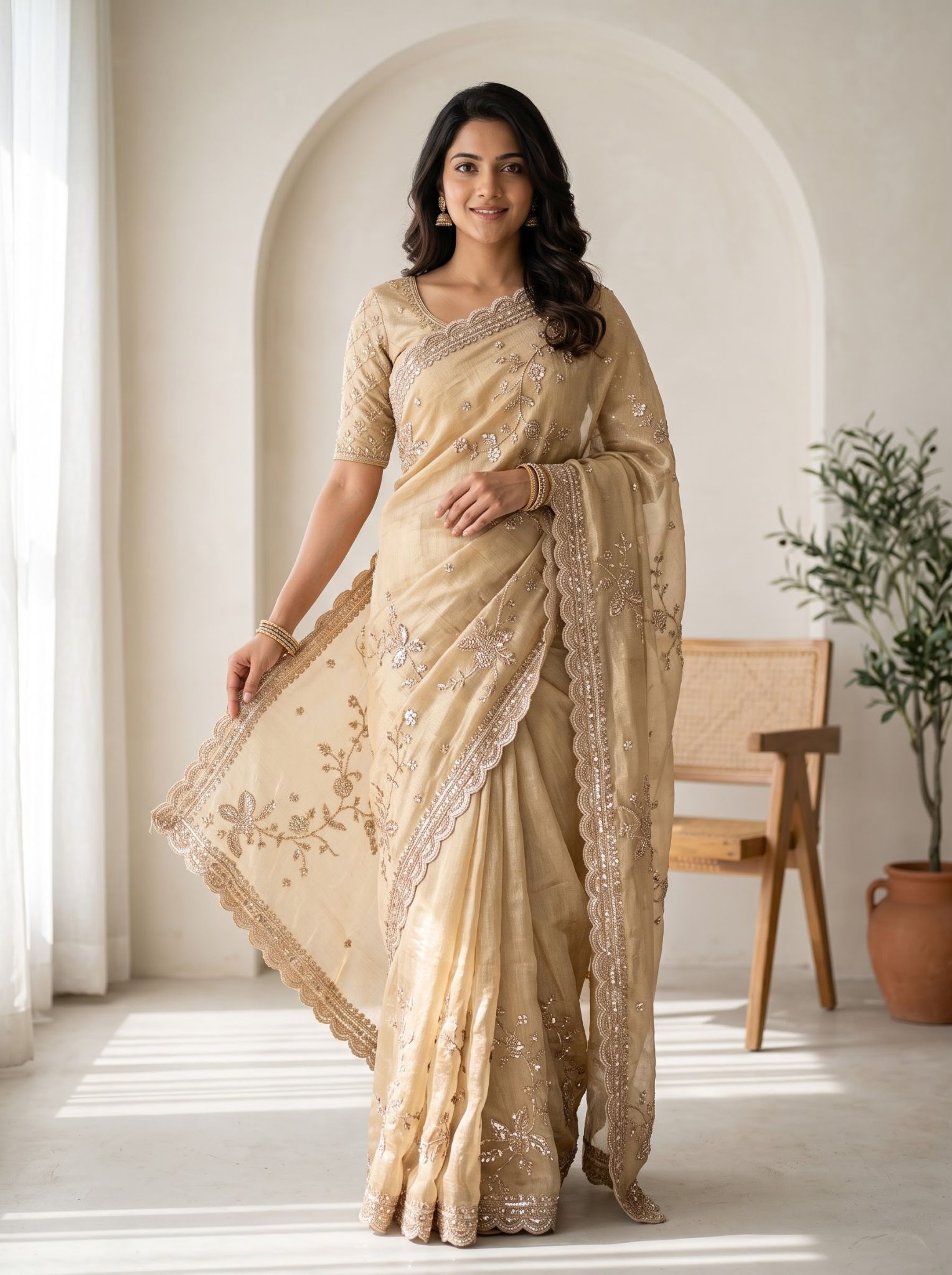 Tissue Saree in Chiku with Unstitched Blouse Piece