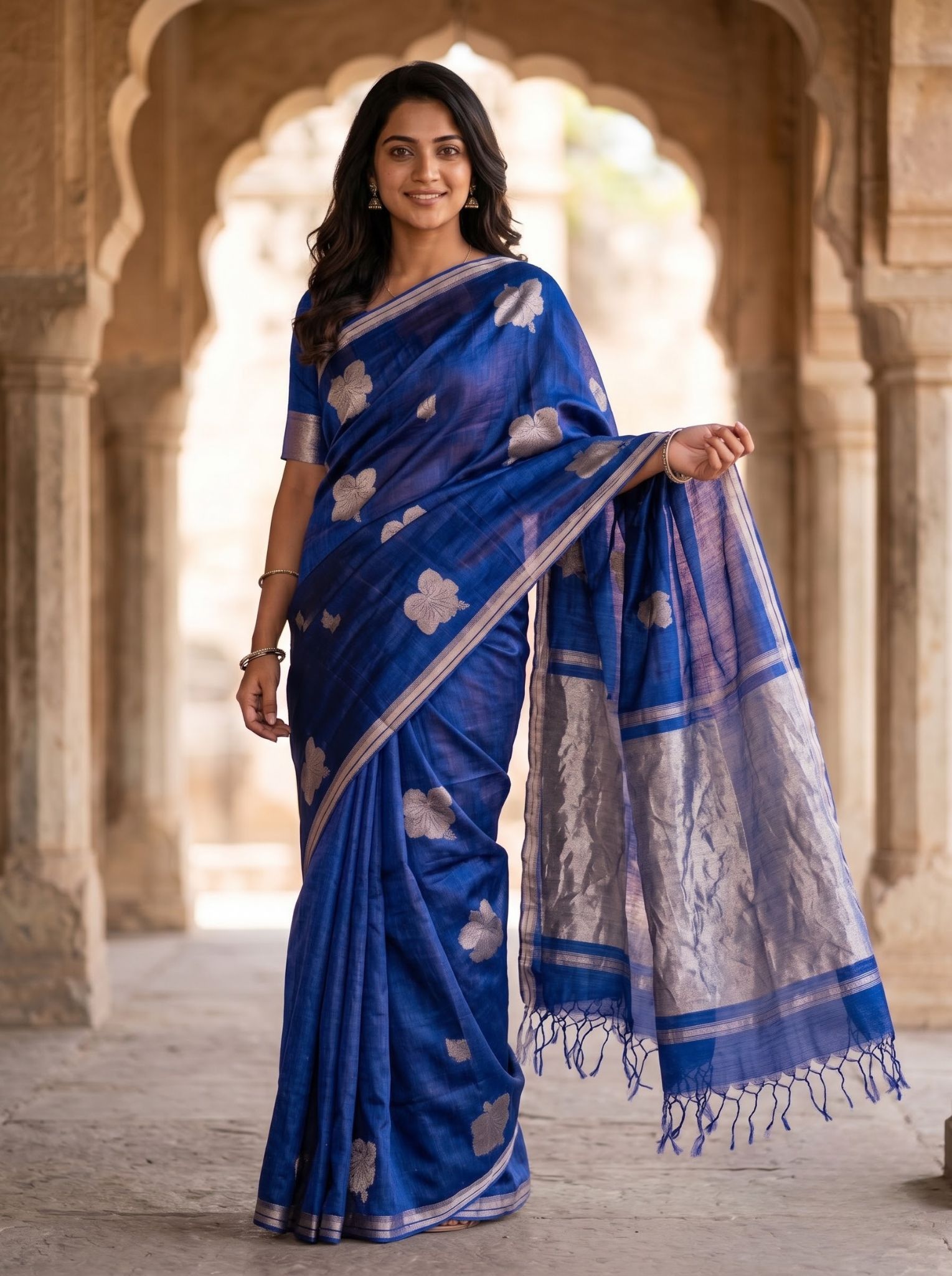 Tussar Silk Saree in Royal Blue for Festive Occasions