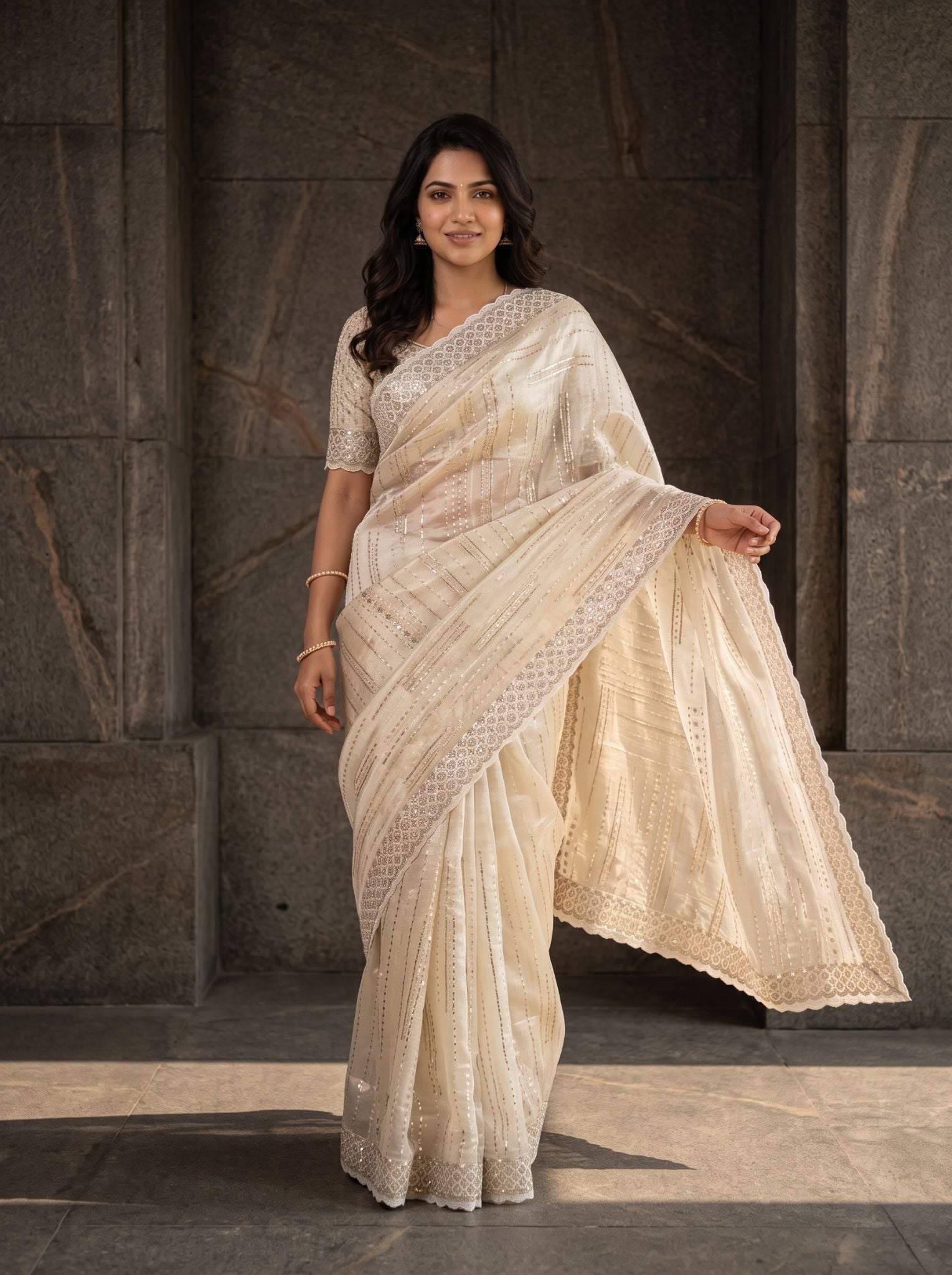 Cream Tissue Designer Saree with Unstitched Blouse Piece