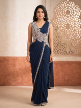 Georgette Readymade Saree Navy Blue
