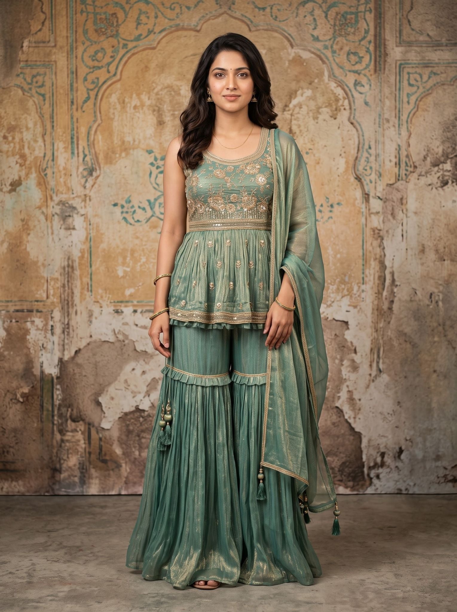 Georgette Palazzo Set Sea Green With Kurta And Dupatta