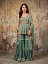 Georgette Palazzo Set Sea Green With Kurta And Dupatta