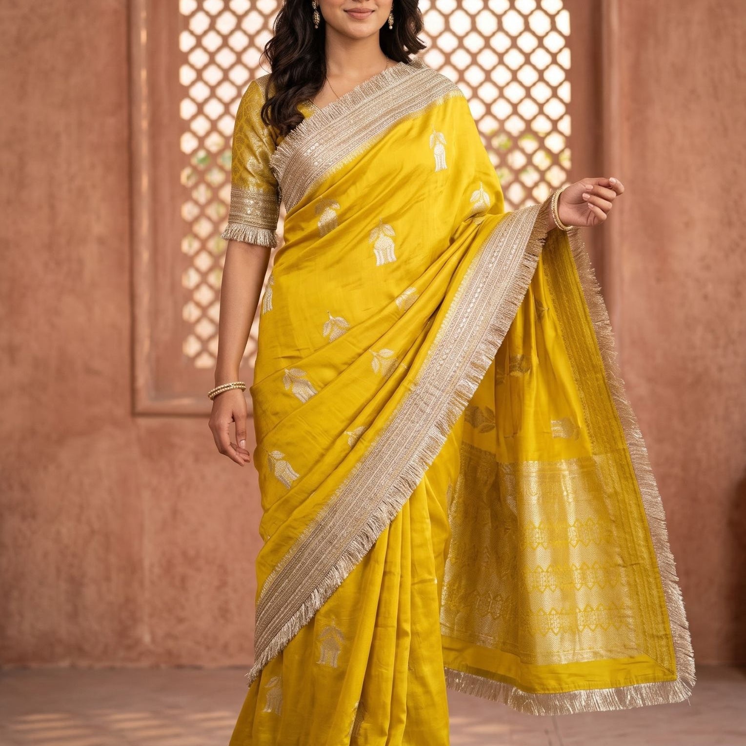Mustard crepe designer saree with a fluid drape, styled for a cocktail evening
