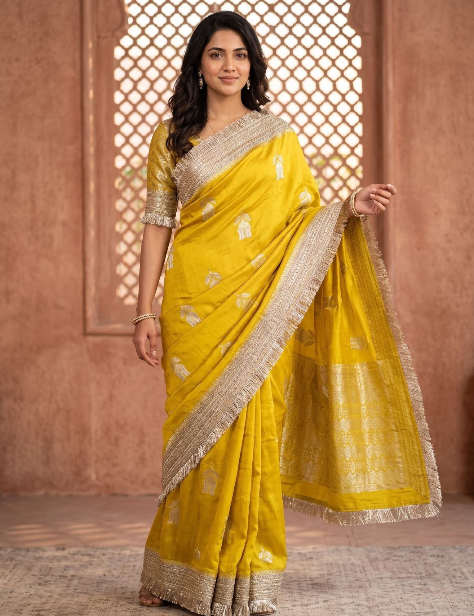 Mustard crepe designer saree with a fluid drape, styled for a cocktail evening