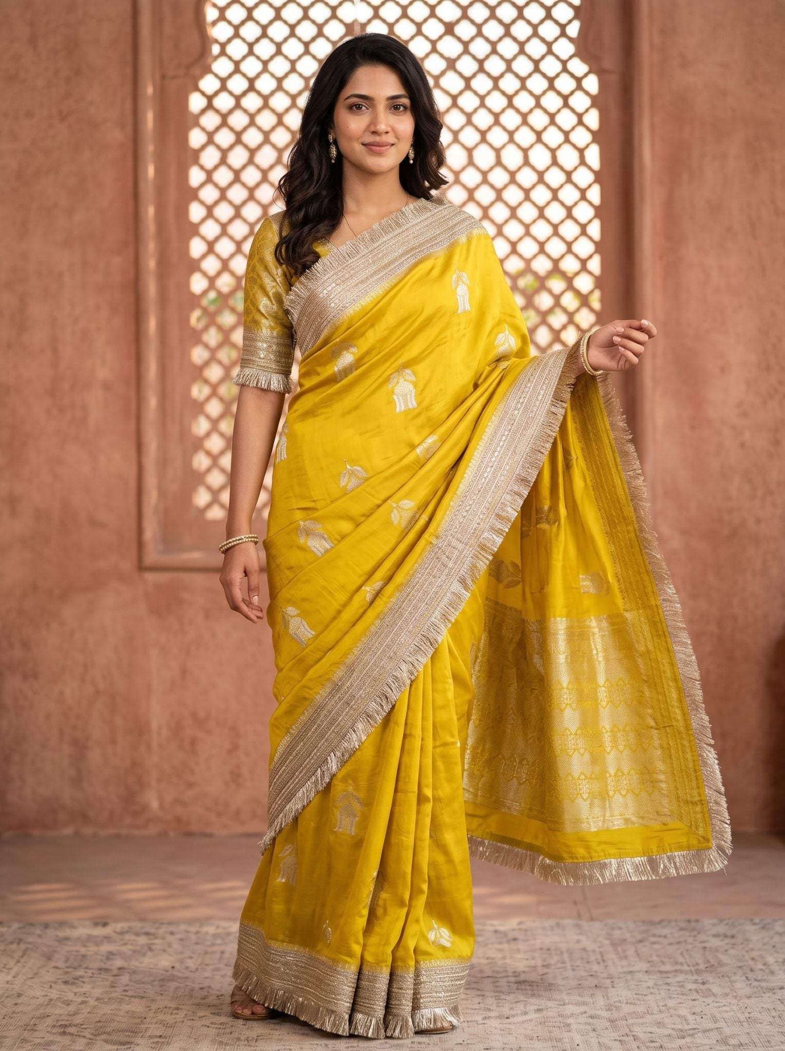 Mustard crepe designer saree with a fluid drape, styled for a cocktail evening