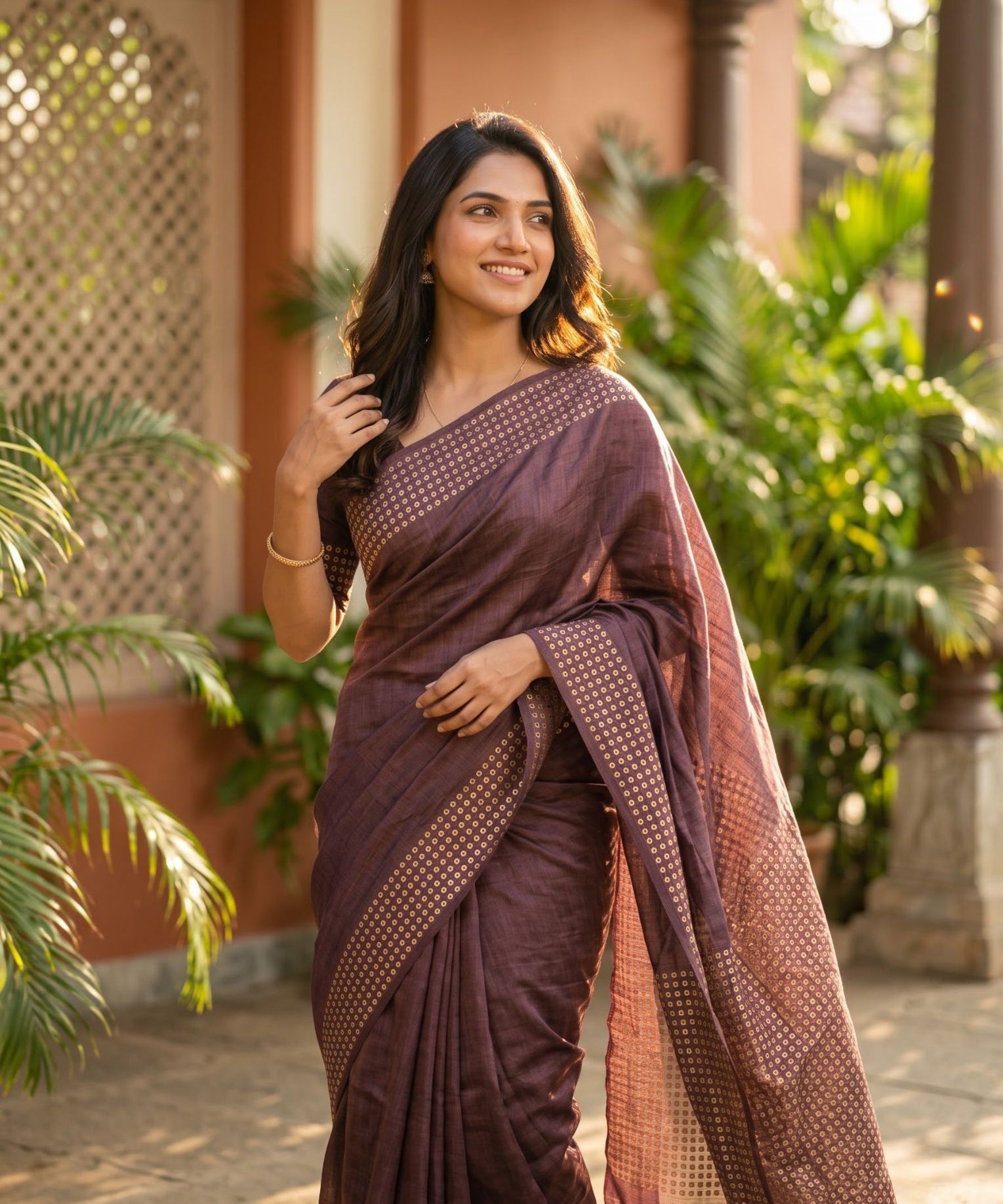 A woman wearing a dark plum purple saree with a dotted border and matching dupatta, standing in an outdoor courtyard with plants and a warm-toned building in the background.