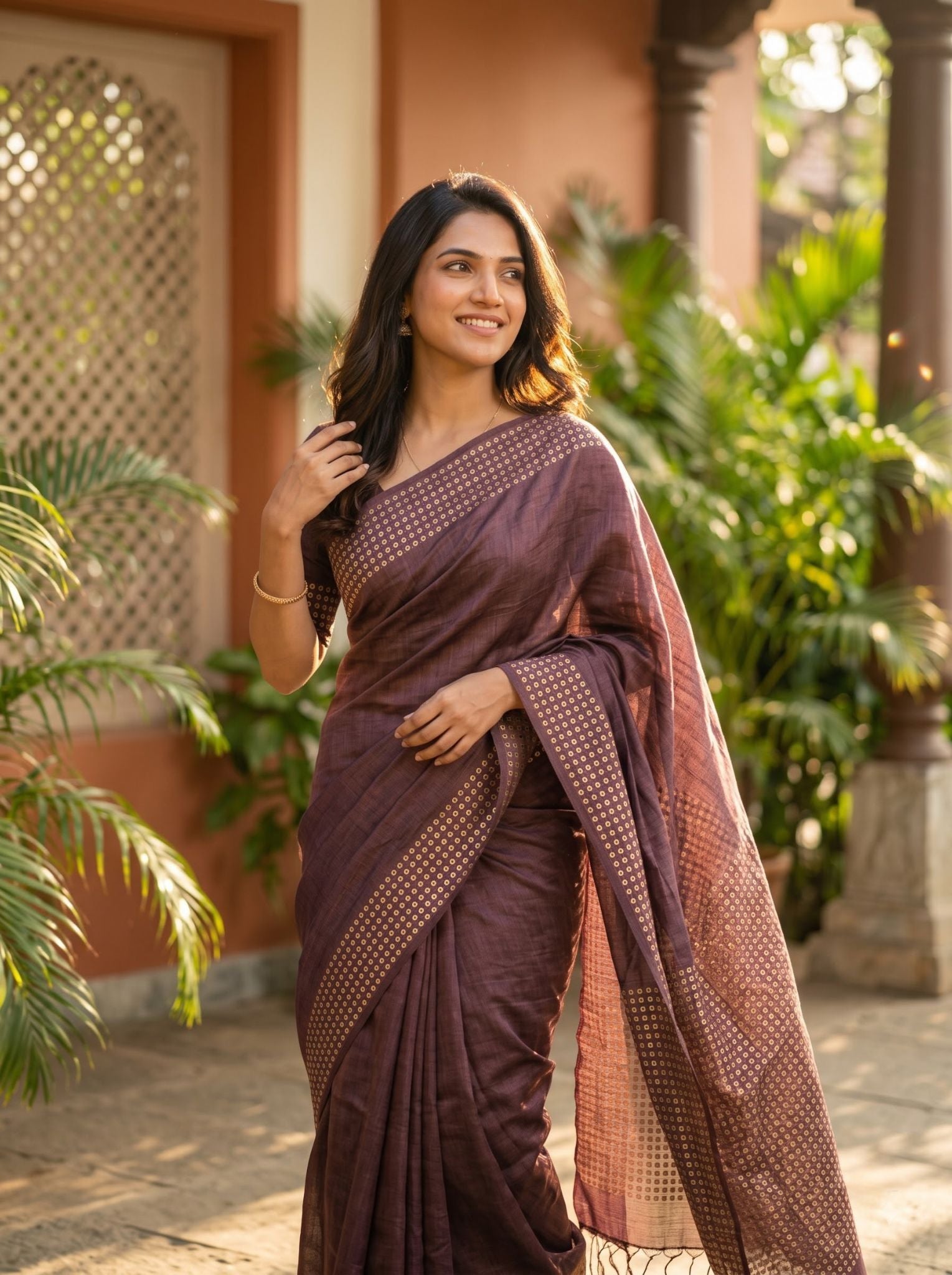 Tussar Silk Saree in Brown with Unstitched Blouse Piece