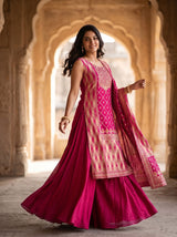 Raw Silk Salwar Suit in Rani Pink for Festive Occasions