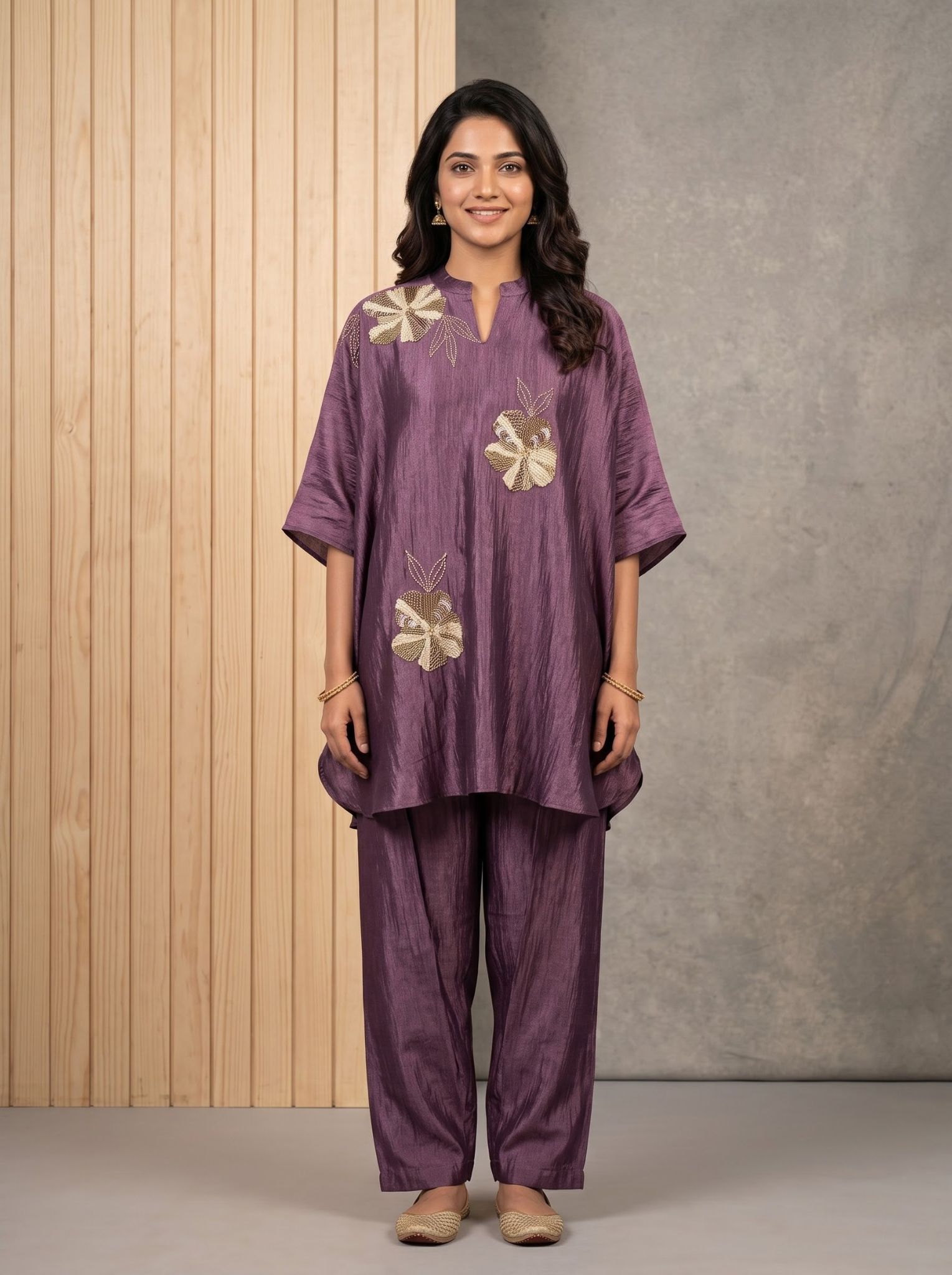 Purple silk salwar suit with kurta and bottom, styled for a cocktail occasion