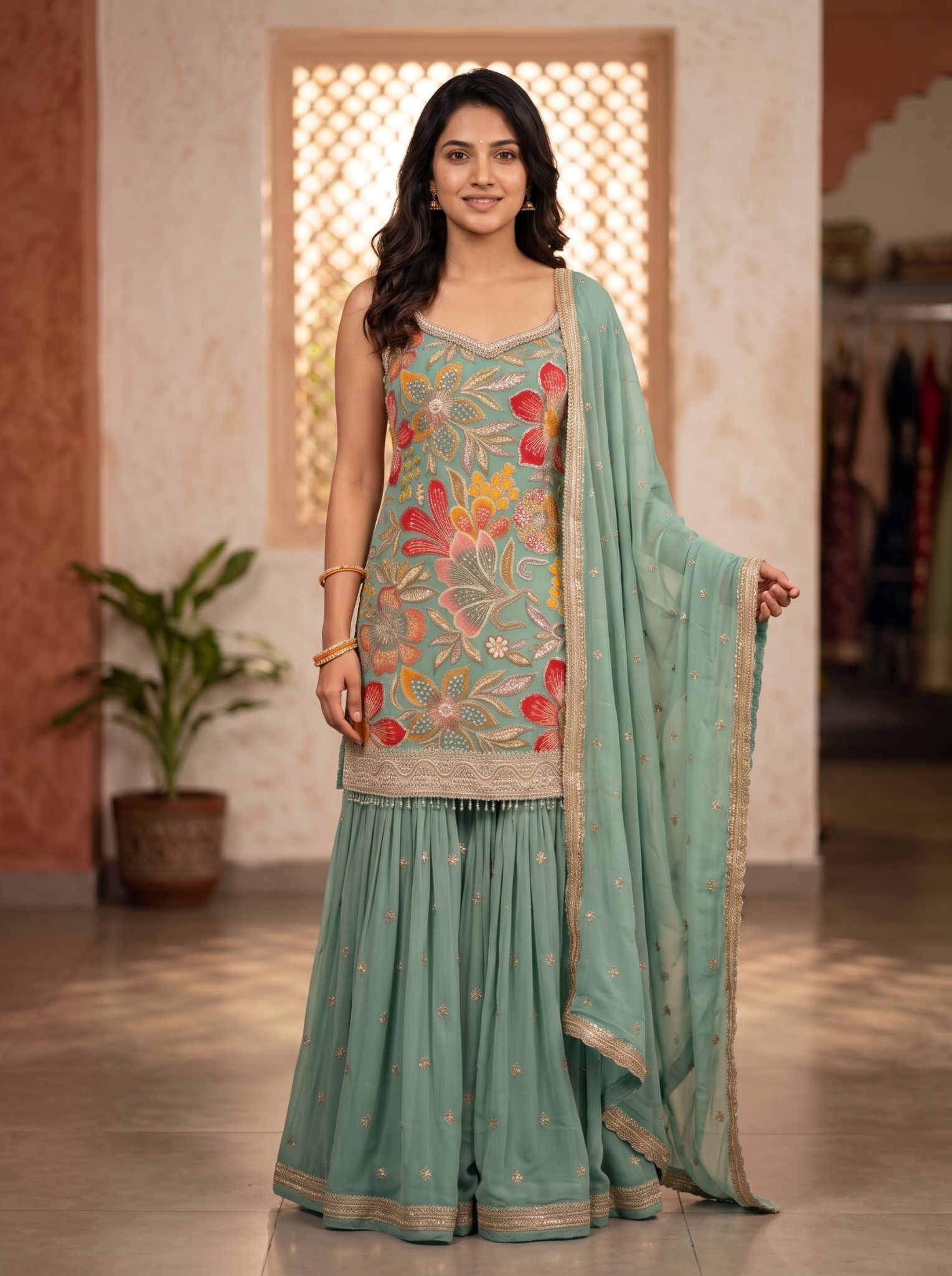 A woman models a traditional Indian salwar kameez set in sage green, featuring floral embroidery on the tunic, a matching skirt, and a sheer dupatta, set against an indoor architectural background.