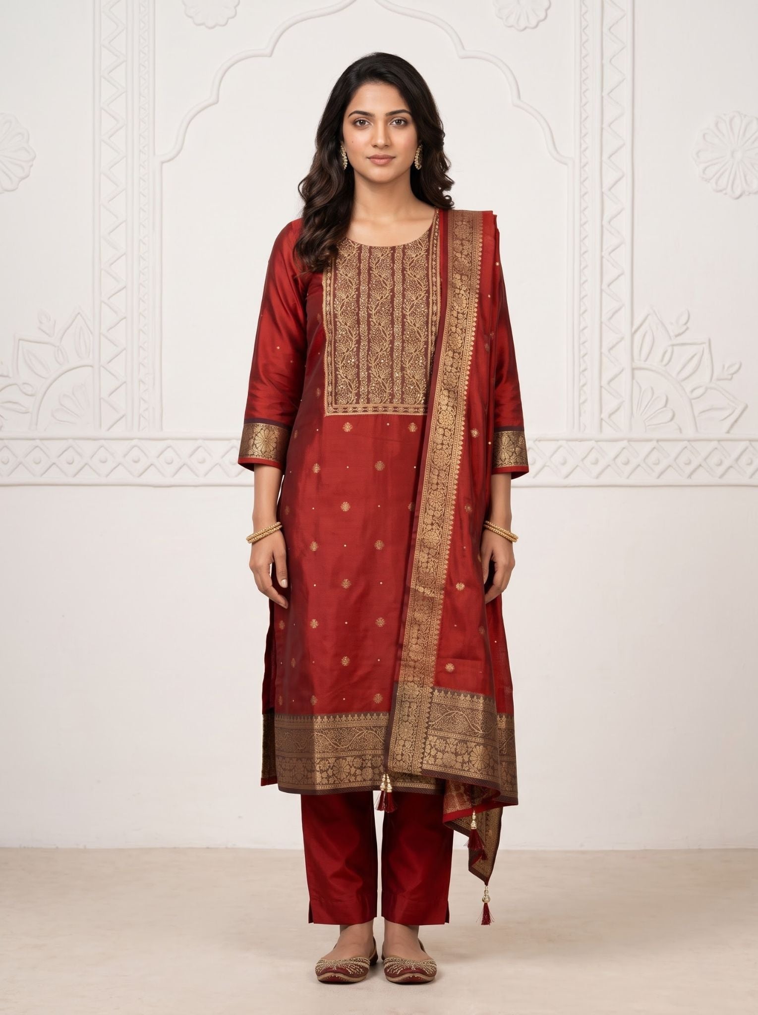 Silk Salwar Suit in Maroon with Dupatta for Festive Wear
