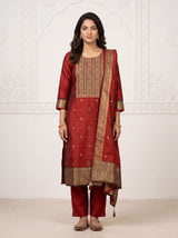Silk Salwar Suit in Maroon with Dupatta for Festive Wear