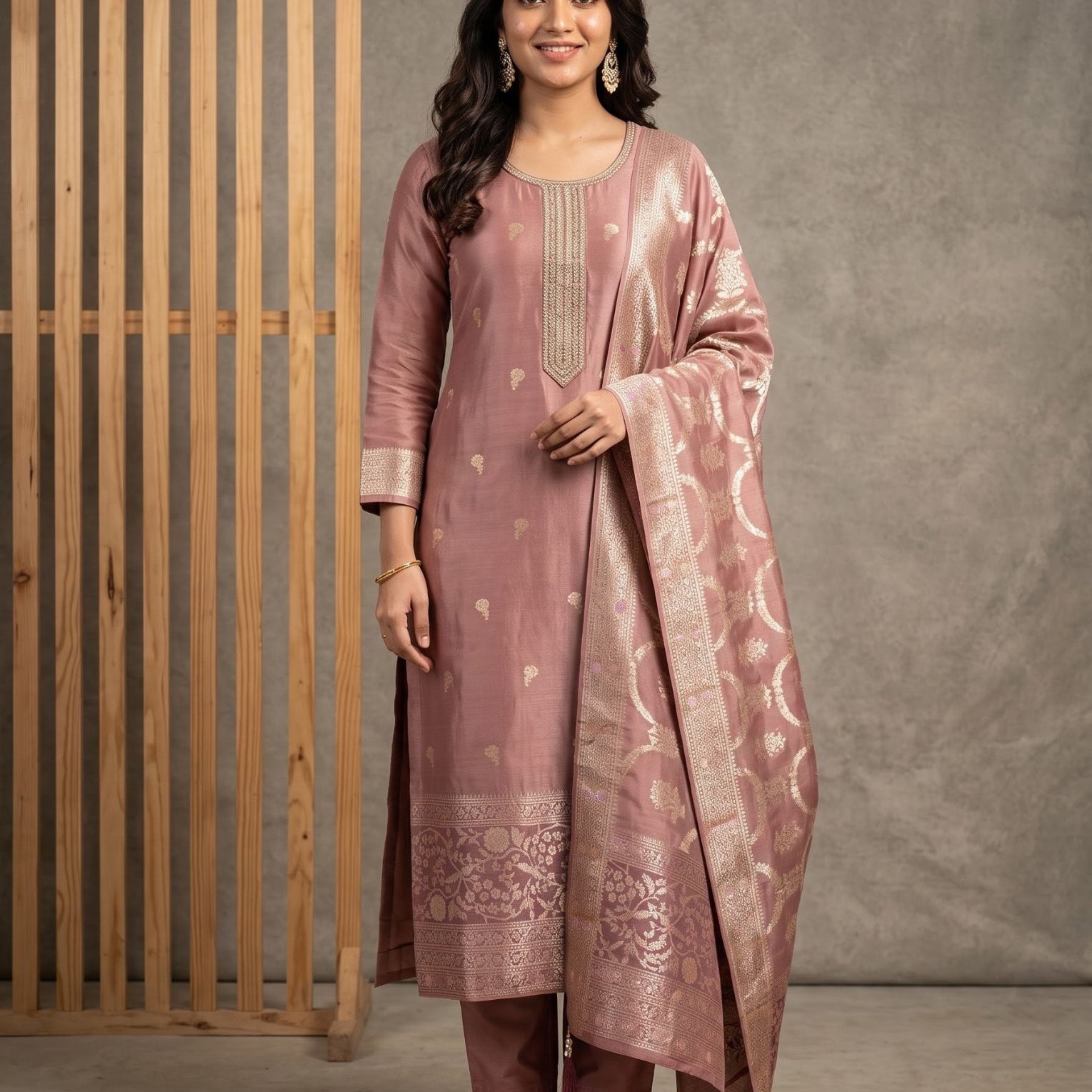 Dusty pink Banarasi salwar suit with kurta, bottom and dupatta, styled for festive occasions