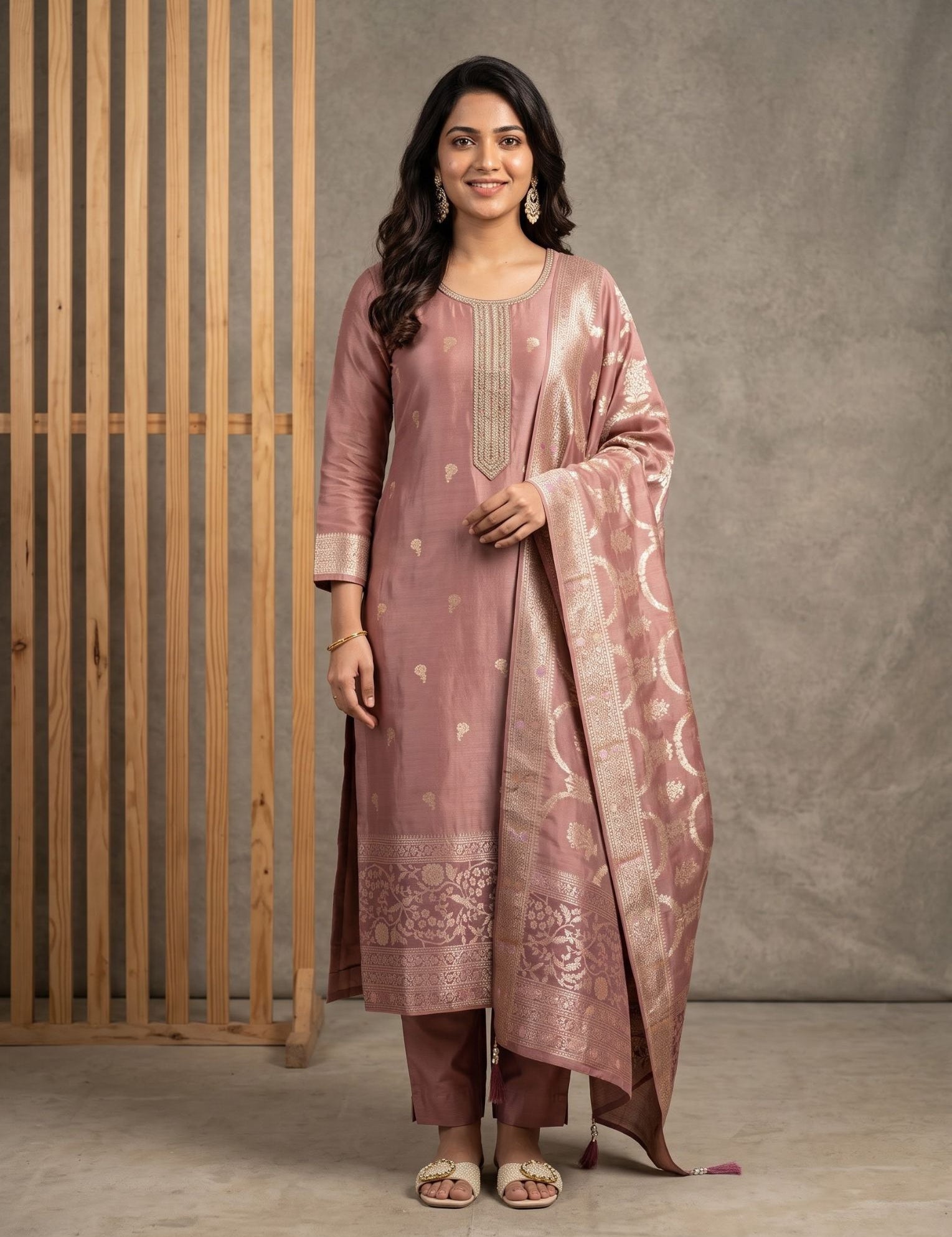 Dusty pink Banarasi salwar suit with kurta, bottom and dupatta, styled for festive occasions
