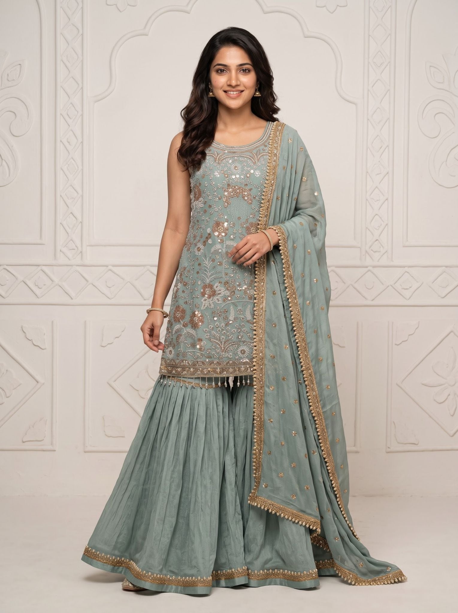Georgette Sharara Salwar Suit in Sage Green for Festive Wear