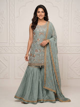 Georgette Sharara Salwar Suit in Sage Green for Festive Wear