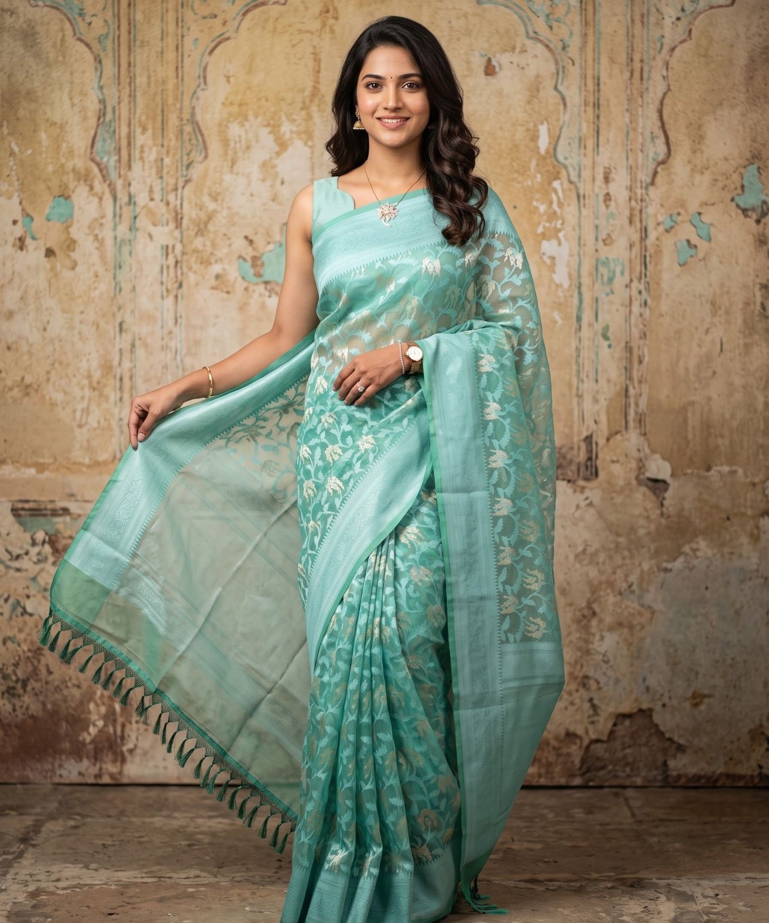 A woman modeling a light teal-green saree with white floral patterns and a matching border, standing against a textured, distressed beige wall.