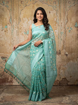 Kora Silk Saree Sky Blue With Unstitched Blouse Piece
